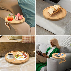 Bank armleuning met houten bijzettafel